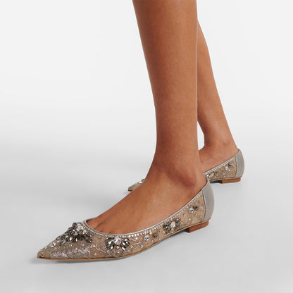 FSJ Silver Pointed Toe Rhinestone Decor Women's Dress Flats