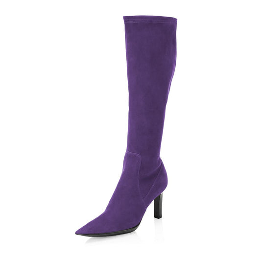 Purple Vegan Suede Pointed Toe Chunky Heel Knee High Boots for Women