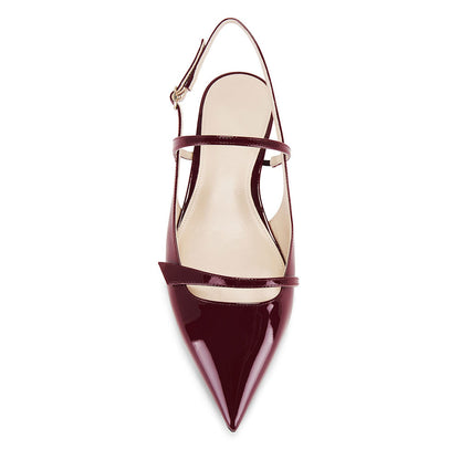 Sleek Maroon Patent Leather Pointed Toe Buckled Slingback Flats