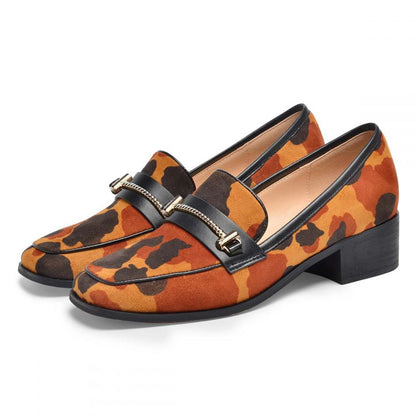 Brown Cow Print Low Chunky Heel Women's Loafers with Metal Accent