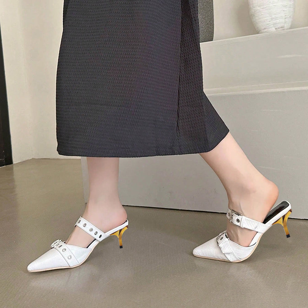 White Pointed Toe Kitten Heel Studded Mules