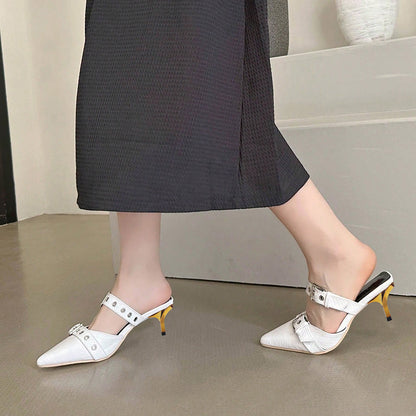 White Pointed Toe Kitten Heel Studded Mules