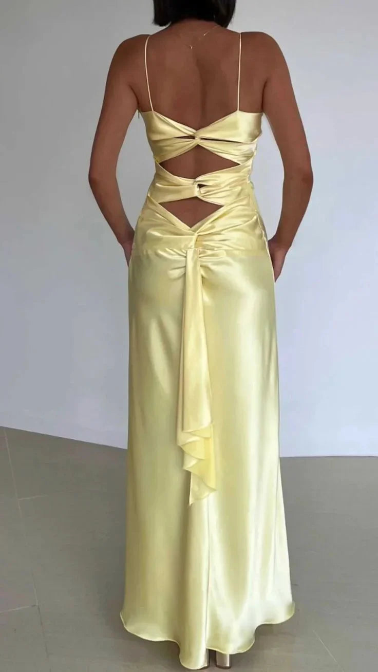 Vintage Yellow V-neck Mermaid Satin Spaghetti Strap Party Dress Evening Gown Bridesmaid Dress TP4297