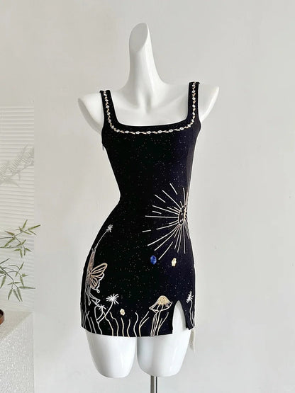 Fantasy Black Embroidered Slim Square Neck Short Birthday Dress Homecoming Dress P3991