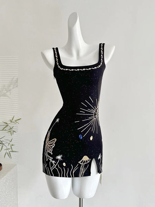 Fantasy Black Embroidered Slim Square Neck Short Birthday Dress Homecoming Dress P3991