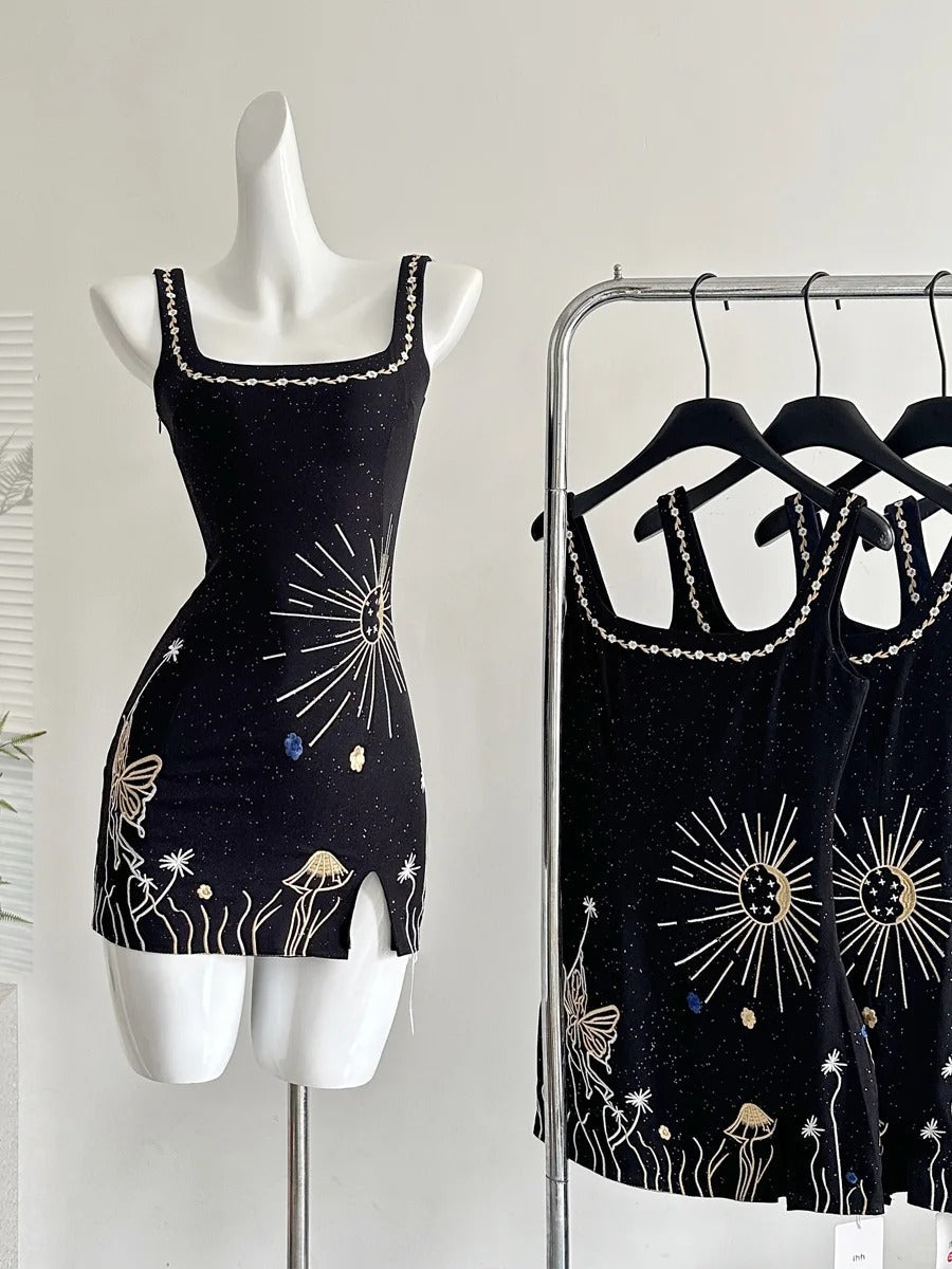 Fantasy Black Embroidered Slim Square Neck Short Birthday Dress Homecoming Dress P3991