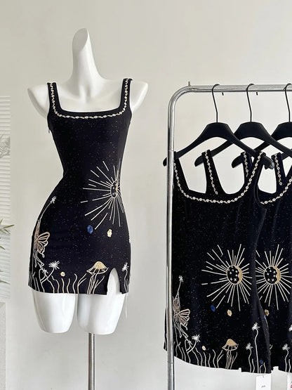 Fantasy Black Embroidered Slim Square Neck Short Birthday Dress Homecoming Dress P3991