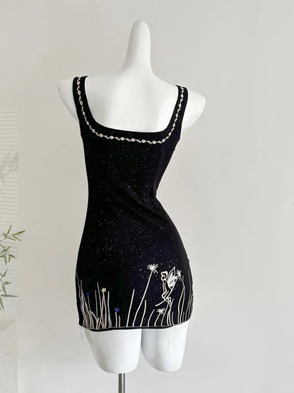 Fantasy Black Embroidered Slim Square Neck Short Birthday Dress Homecoming Dress P3991