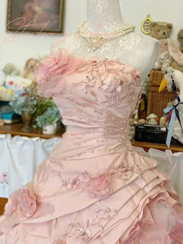 Elegant Pink 3D Flower Sweet 16 Quinceanera A-Line Floor-length Prom Dress Birthday Dress Evening Dress Ball Gown TP4421