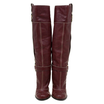 Burgundy Vintage Buckle Detail Chunky Heel Knee High Boots