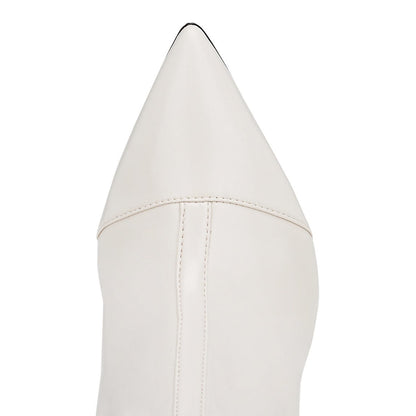 Ivory Pointy Toe Cone Heel Bow Mid Calf Boots