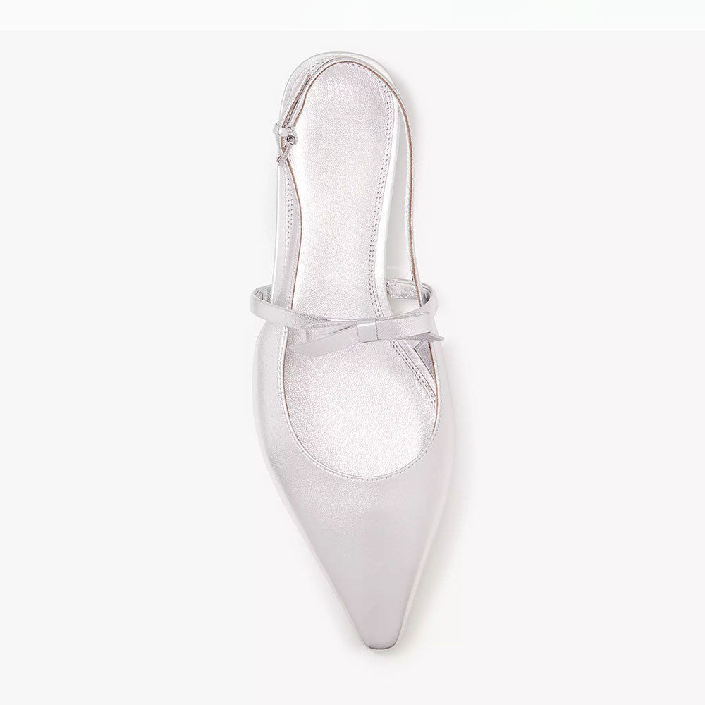 Silver Slingback Flats Pointed Toe Strap Metallic Shoes with Bows