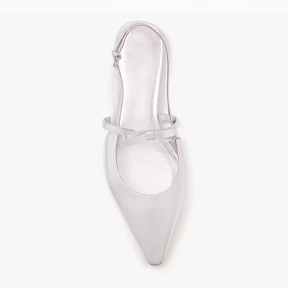 Silver Slingback Flats Pointed Toe Strap Metallic Shoes with Bows
