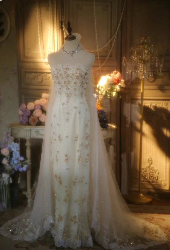 Elegant Ivory Strapless Beaded Floral Tulle Train Long Prom Dress Evening Dress P4301