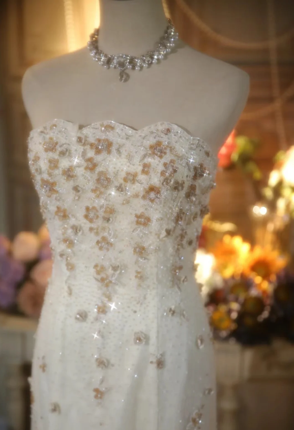 Elegant Ivory Strapless Beaded Floral Tulle Train Long Prom Dress Evening Dress P4301