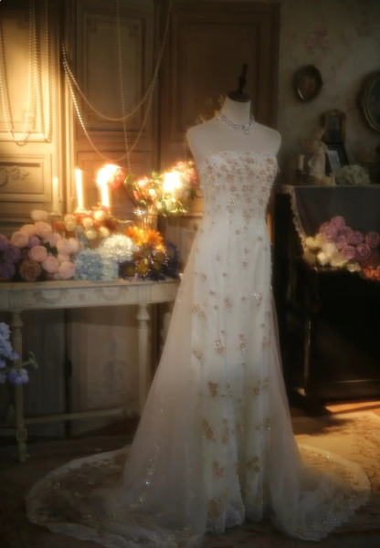 Elegant Ivory Strapless Beaded Floral Tulle Train Long Prom Dress Evening Dress P4301