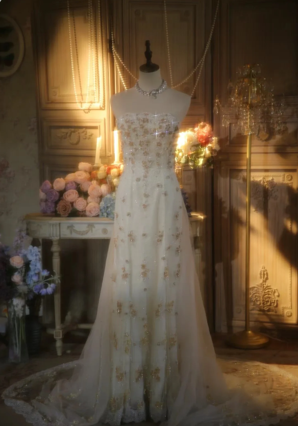 Elegant Ivory Strapless Beaded Floral Tulle Train Long Prom Dress Evening Dress P4301