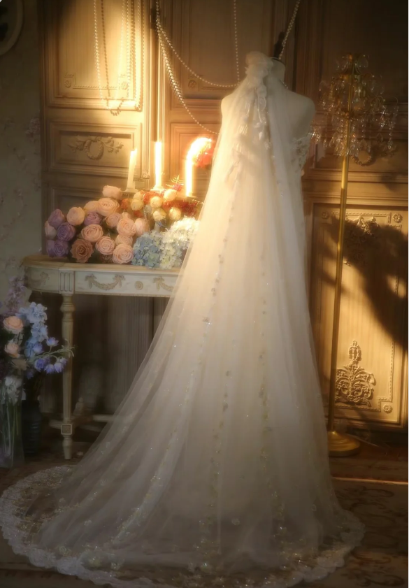 Elegant Ivory Strapless Beaded Floral Tulle Train Long Prom Dress Evening Dress P4301