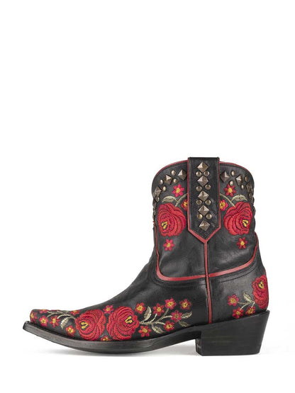 Black Snip Toe Floral Embroidery Studded Block Heeled Cowgirl Ankle Boots