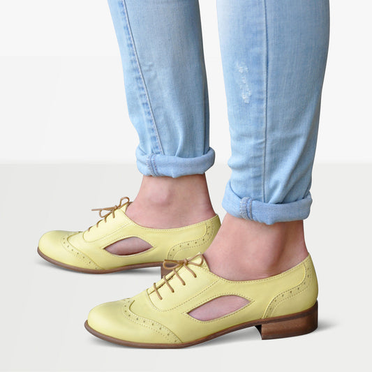 Yellow Vegan Leather Rounded Toe Chunky Heel Lace Up Oxford Shoes