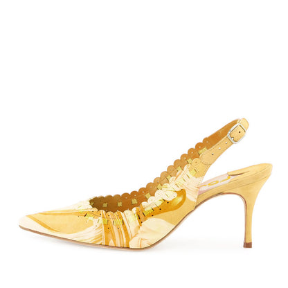 Yellow Printed Heels Pointed Toe Scalloped Edge Slingback Pumps