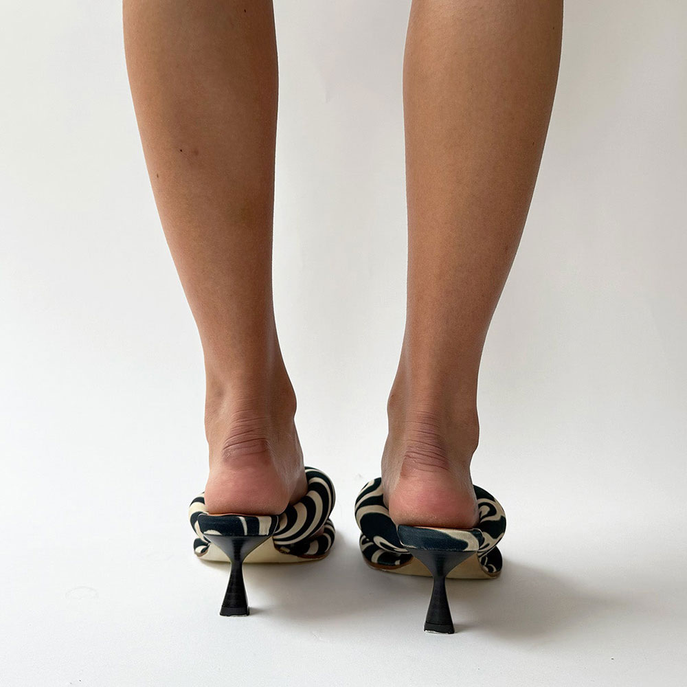 Black and Ivory Stripes Open Toe Flared Heel Mules Sandals