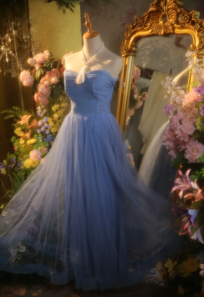 Elegant Light Blue A-line Sweetheart Neckline Lace Tulle Long Prom Dress Evening Dress P4303