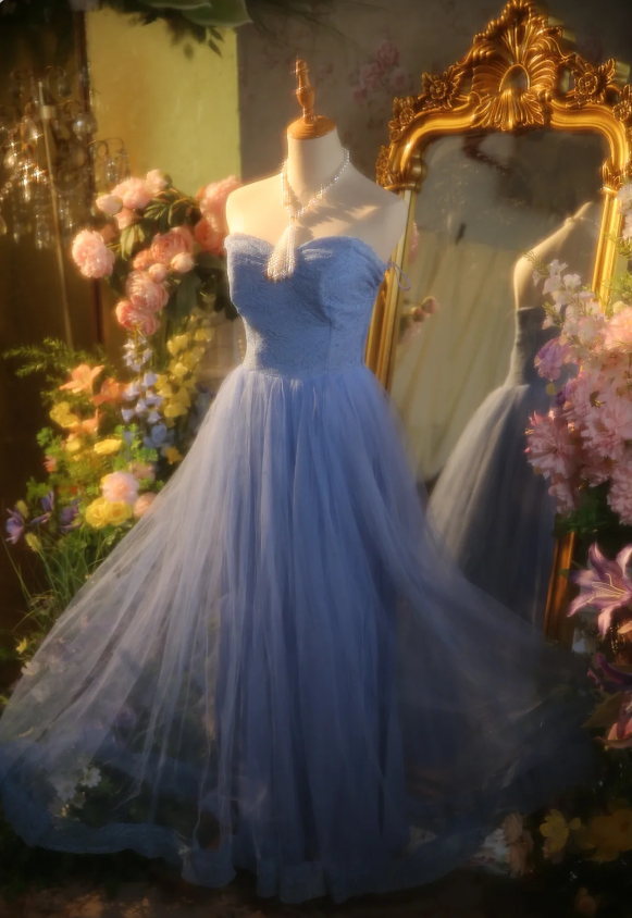Elegant Light Blue A-line Sweetheart Neckline Lace Tulle Long Prom Dress Evening Dress P4303