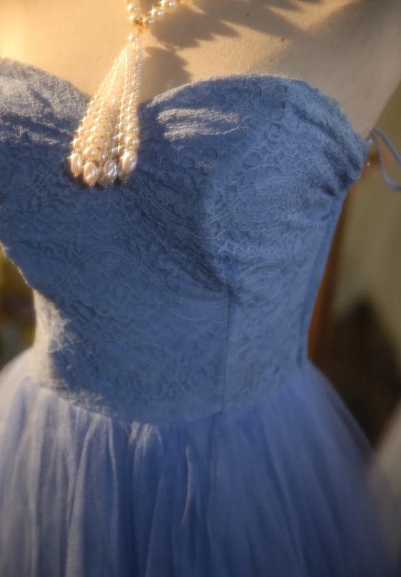 Elegant Light Blue A-line Sweetheart Neckline Lace Tulle Long Prom Dress Evening Dress P4303