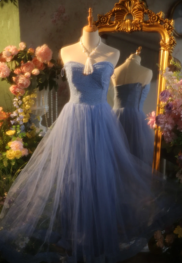 Elegant Light Blue A-line Sweetheart Neckline Lace Tulle Long Prom Dress Evening Dress P4303