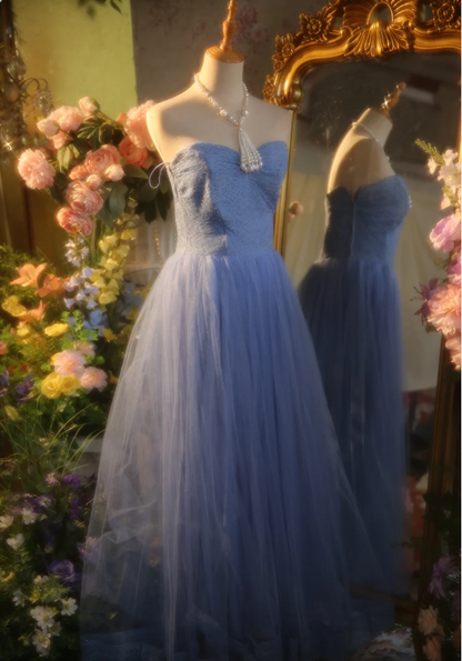 Elegant Light Blue A-line Sweetheart Neckline Lace Tulle Long Prom Dress Evening Dress P4303