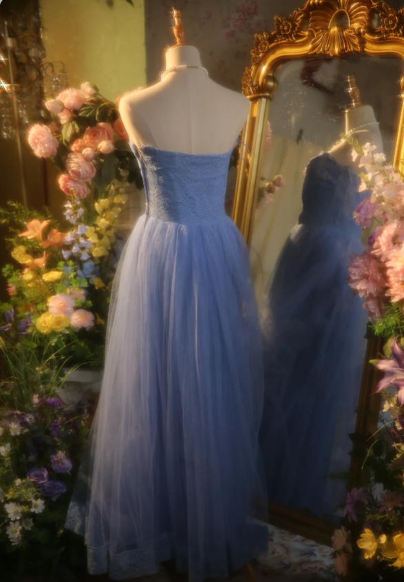 Elegant Light Blue A-line Sweetheart Neckline Lace Tulle Long Prom Dress Evening Dress P4303