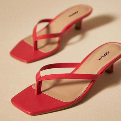 Women's Square Toe Red Slip On Flip Flop Mule Low Heel Sandals