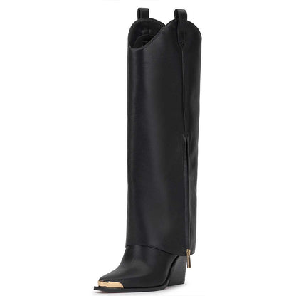 Black Pointed Toe Chunky Heel Zip Western Knee High Boots for Women