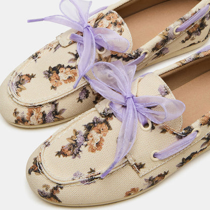 Women's Beige Lace Up Closed Toe Grommet Loafer Flats with Flowers