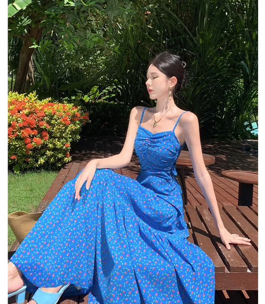Simple Fashion Blue Floral Design A-line Long Spaghetti Strap Dress TP3334