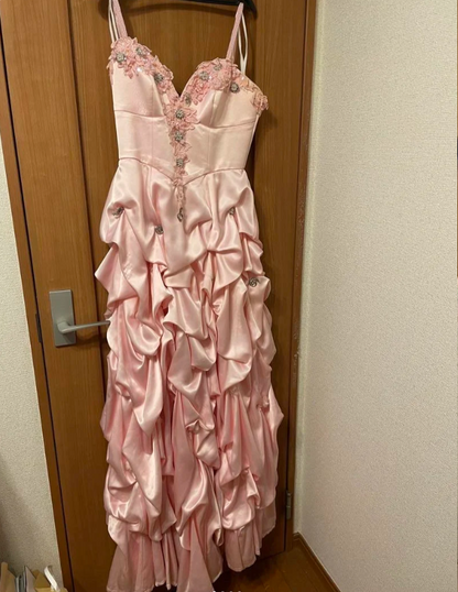 Elegant Pink Spaghetti Strap Sweetheart Neck Satin Long Prom Dress Evening Dress P4305