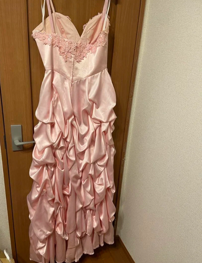 Elegant Pink Spaghetti Strap Sweetheart Neck Satin Long Prom Dress Evening Dress P4305