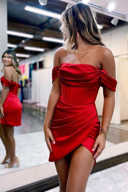 Green Off-the-Shoulder Ruched Cocktail Gown Short Prom Dress