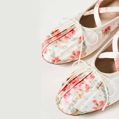 White Floral Print Satin Crisscross Buckled Straps Bow Ballet Flats