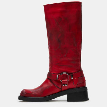 Maroon Distressed Round Toe Chunky Heel Buckled Knee High Boots