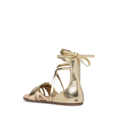 Metallic Gold Gladiator Sandals Open Toe Wrap Strappy Flats