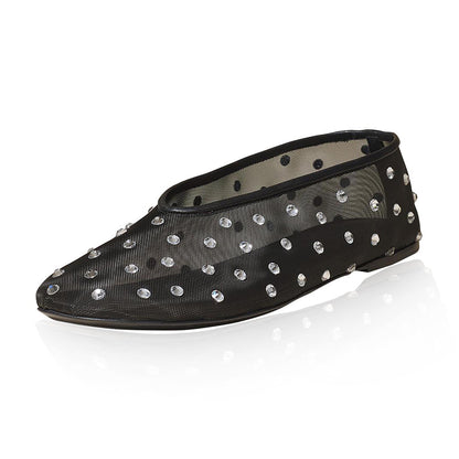 Women's Black Mesh Round-Toe Rhinestone Embellished Flats