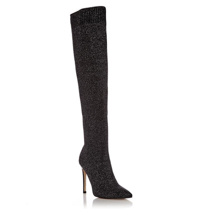 Black Fabric Stiletto Heels Long Boots Fashion Knee High Boots