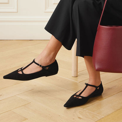 Vegan Suede Pointed Toe Cut Out T-Strap Women's Dress Flats in Black