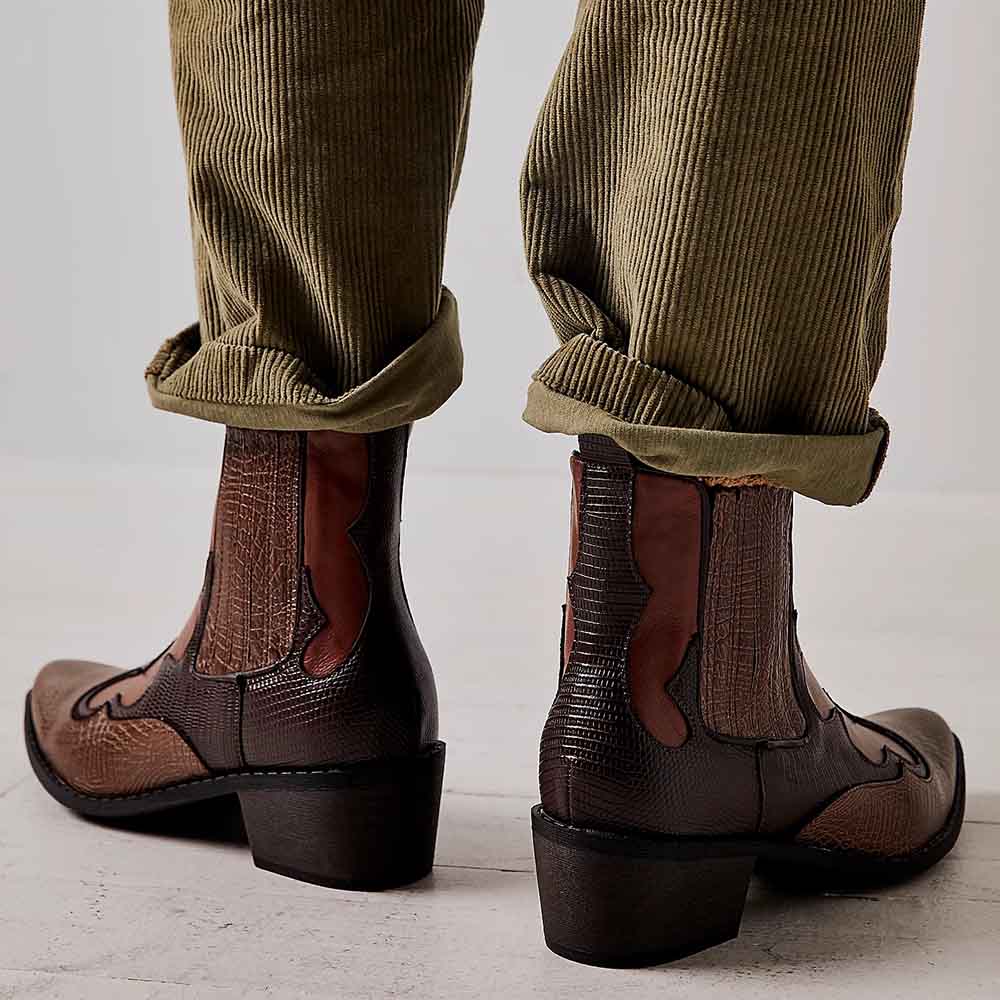 Brown Snakeskin Western Boots Block Heel Chelsea Booties for Women