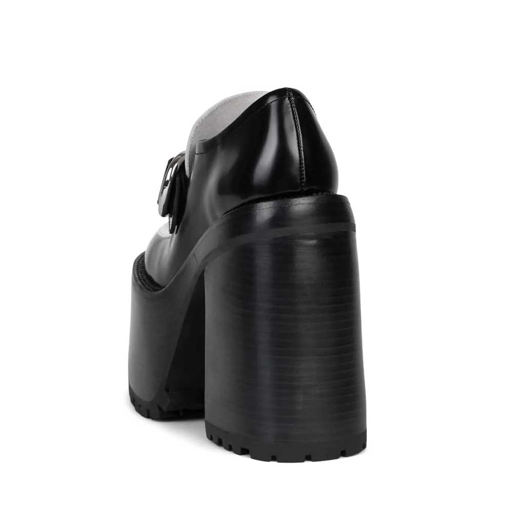 Black & White Round Toe Buckled Strap Chunky Heel Platform Loafers