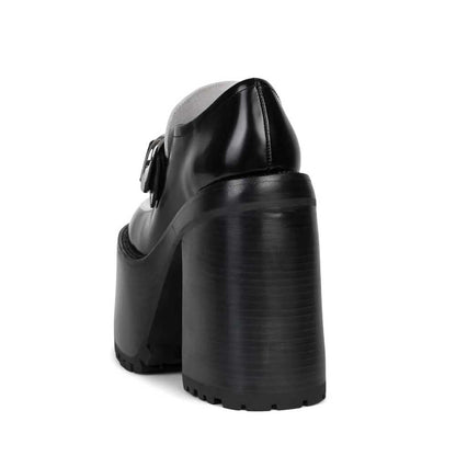 Black & White Round Toe Buckled Strap Chunky Heel Platform Loafers