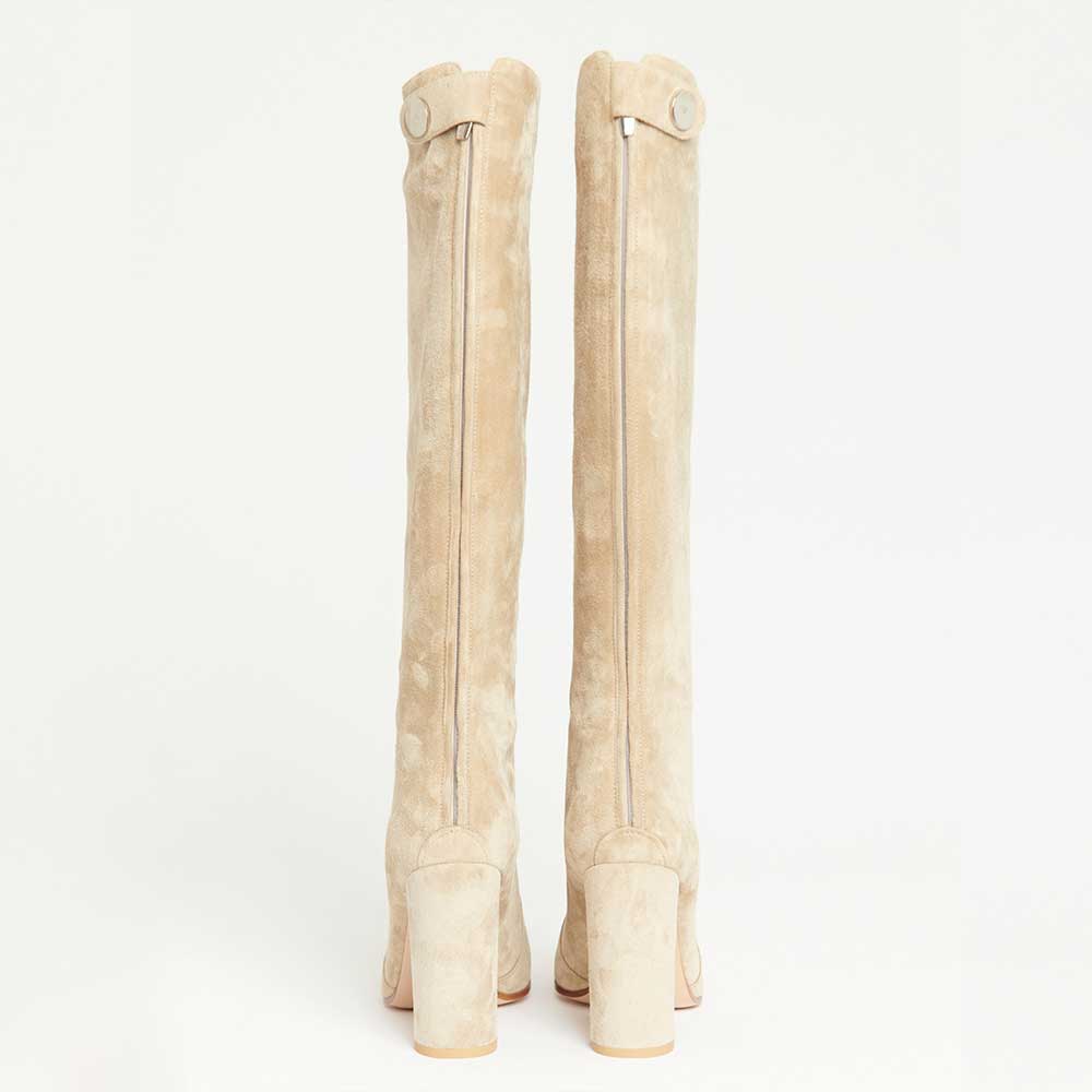 Beige Vegan Suede Pointed Toe Back-Zipper Block Heel Knee High Boots