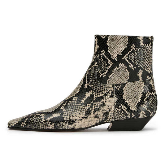 Black Python Embossed Square Toe Ankle Boots with Side Zipper
